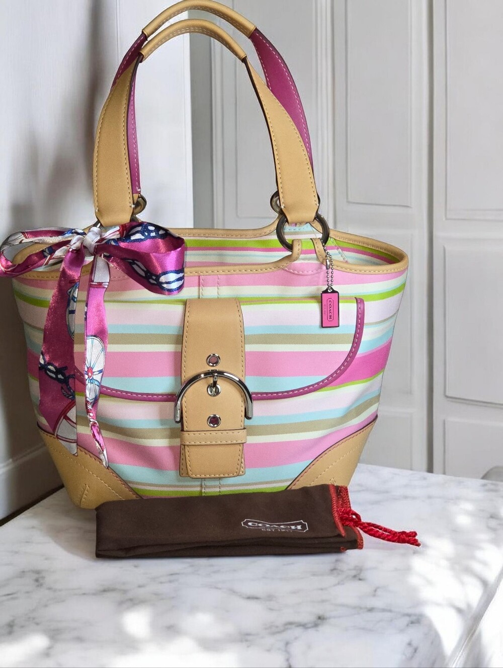 Vintage Coach Hampton In Multicolor Striped Canvas Tote w/leather Trim& Dustbag